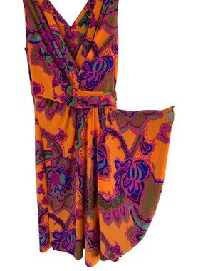 Lauren Ralph Lauren Neon Orange Paisley Dress Size 12 Wrap Wedding NWOT